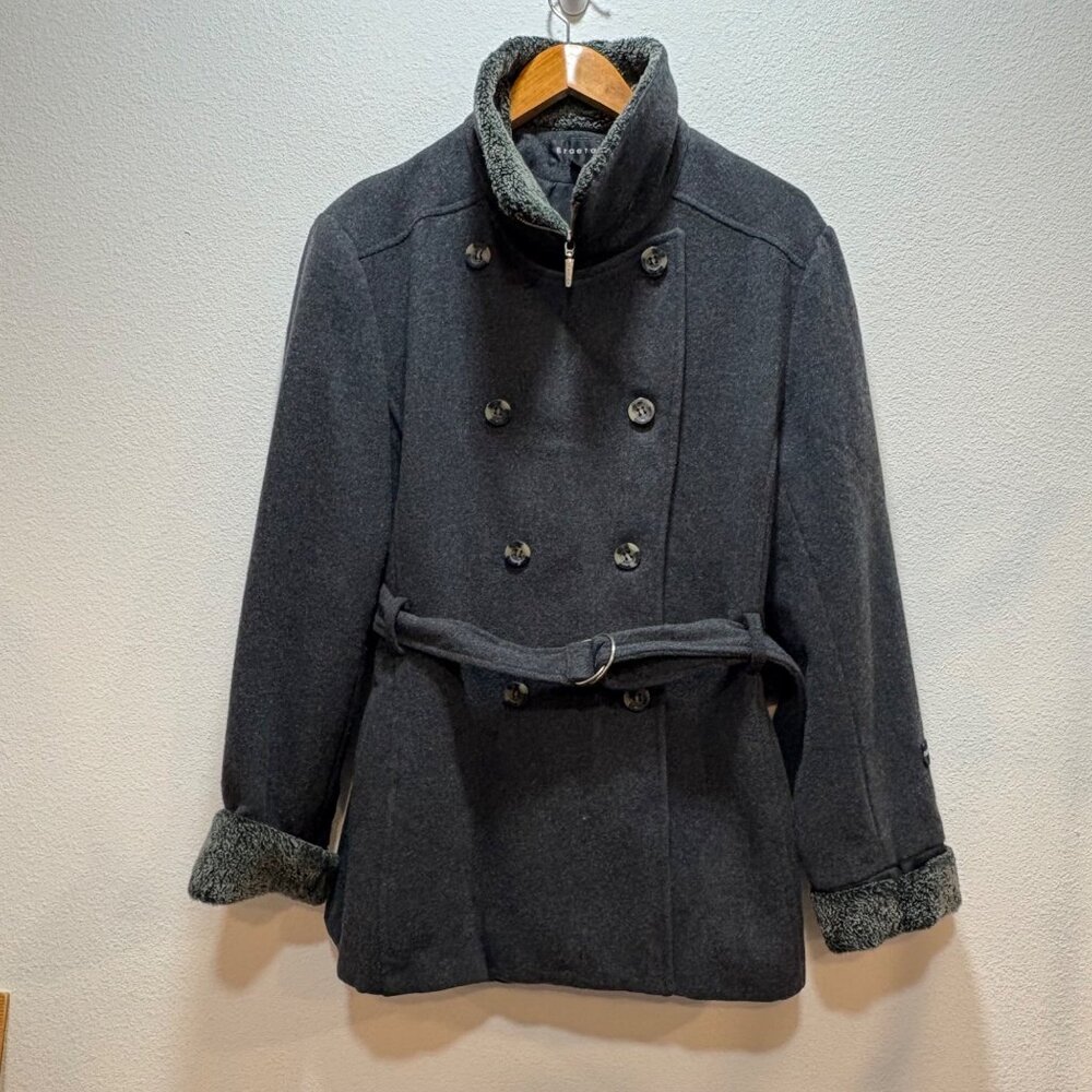 Braetan Womens Double-Breasted Wool Coat Lg Belted Waist‎ Faux Fur Charcoal Gray